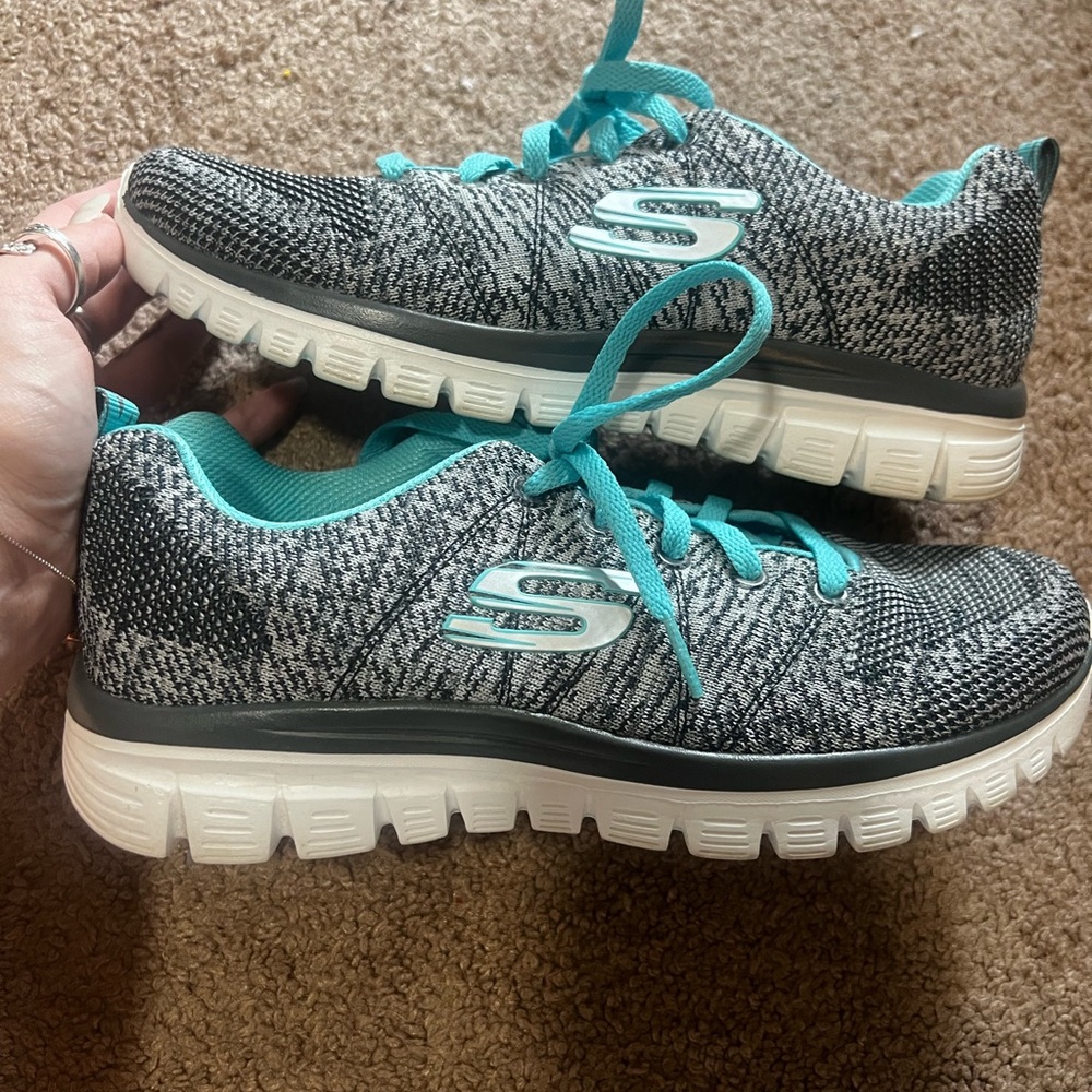 Skechers Women's Knit Sneakers in Gray and Teal